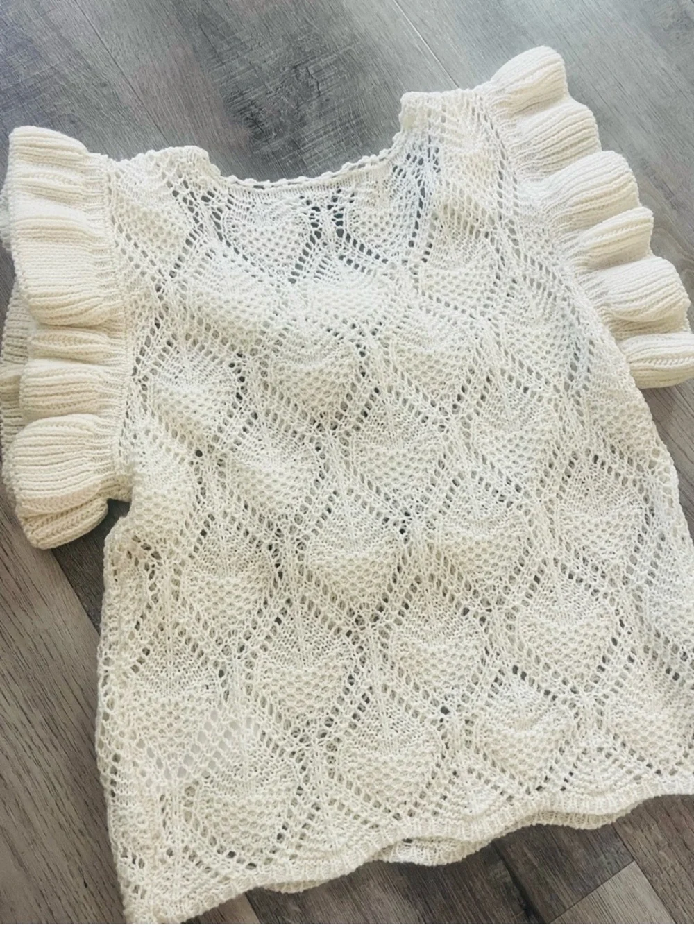 CHANEL Cream Openwork Knit Top with Black CC Appliqué SIZE S